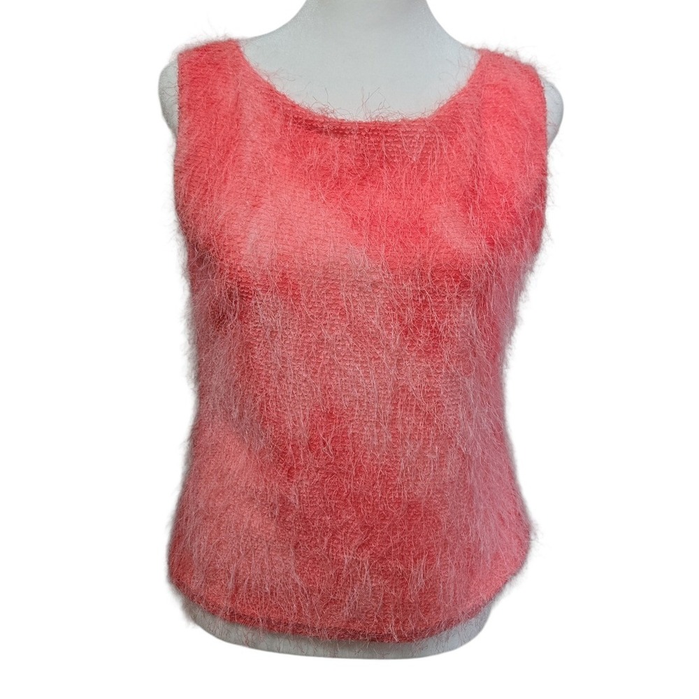 Bette Paige Fuzzy Tank‎ Top Coral Pink Sleeveless Knit Top Size L Y2K Textured